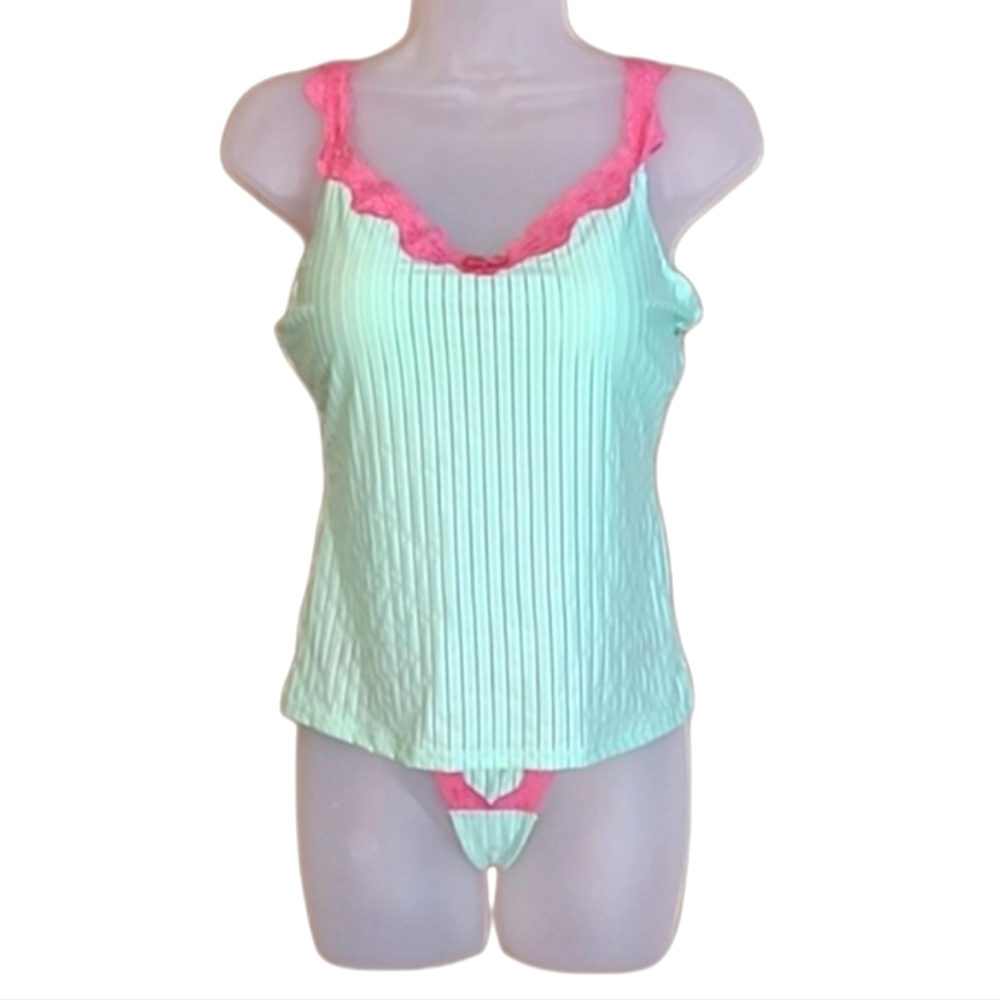 Lingerie 2-Piece Cami Thong Underwear Sleepwear Shaper Bra Pink Lace & Bow NWOT